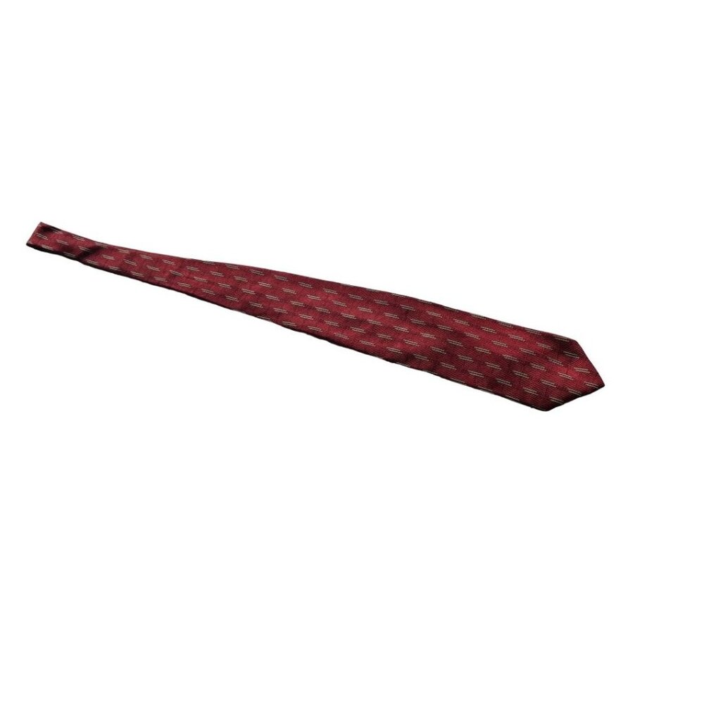 Men's Tom James Silk Burgundy Neck Tie Gold Linear Pattern 30x4